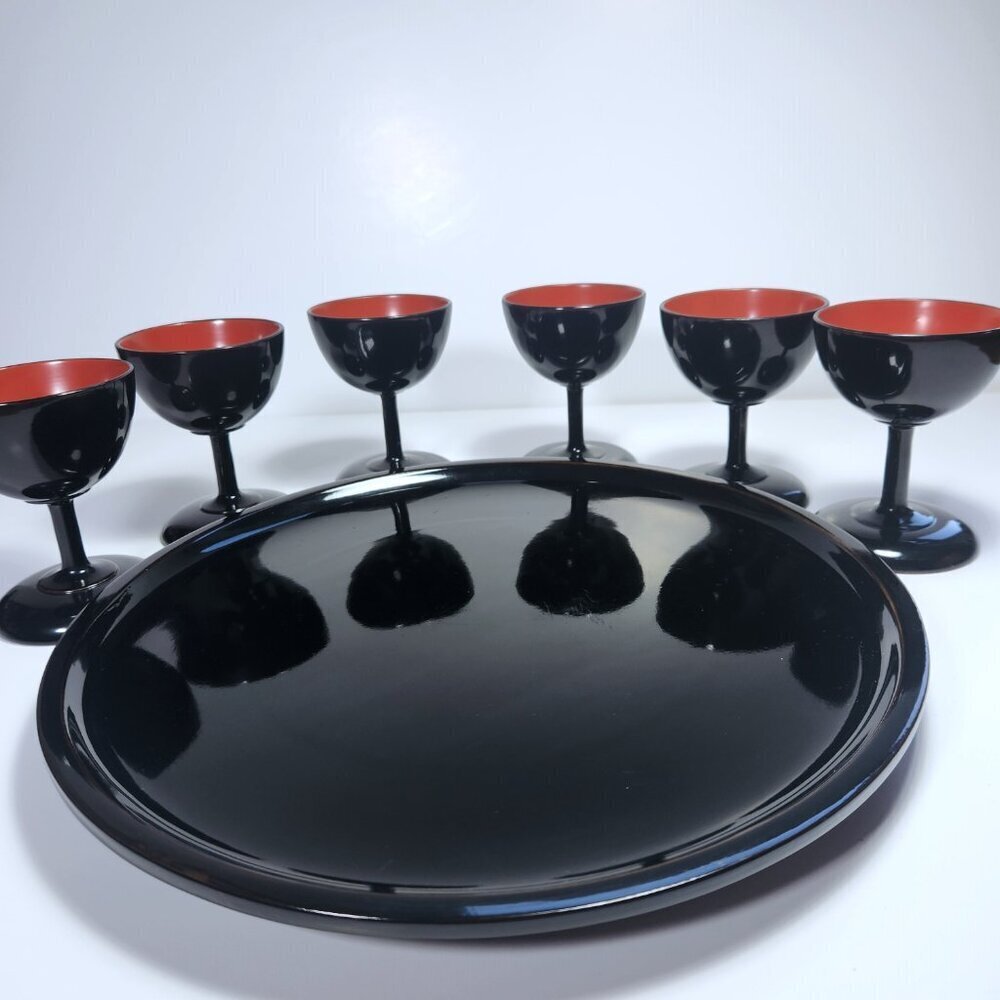 Vintage Okinawa Bembo Lacquerware Sake Set – 6 Cups + Tray – Japanese Decor - Picture 9 of 12